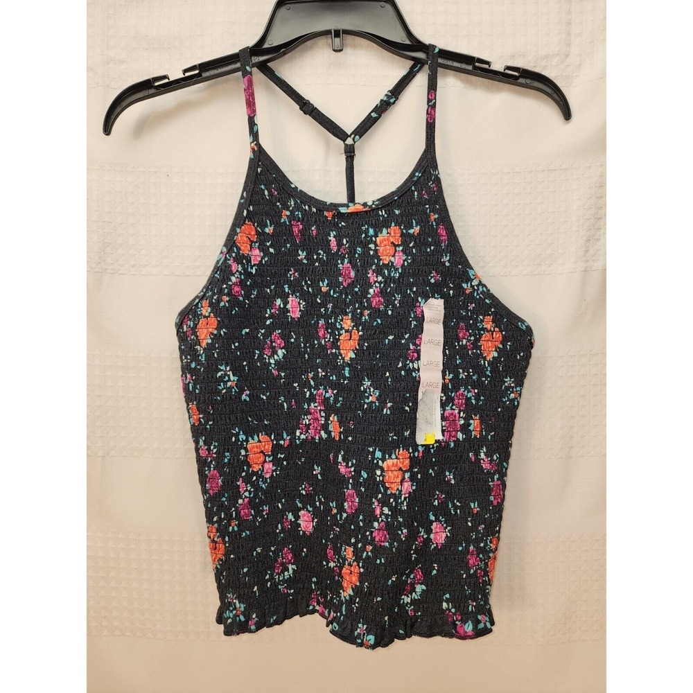 SO Floral Smocked High Neck Cami Cropped Racerback Tank Top Black Juniors Large